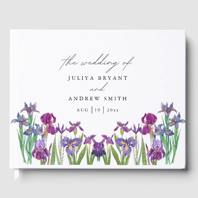 Elegantes Aquarell Iris Blume Hochzeit Gästebuch (Vorderseite)