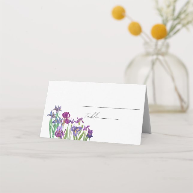 Elegantes Aquarell Iris Blume Hochzeit Platzkarte (Vorderseite)