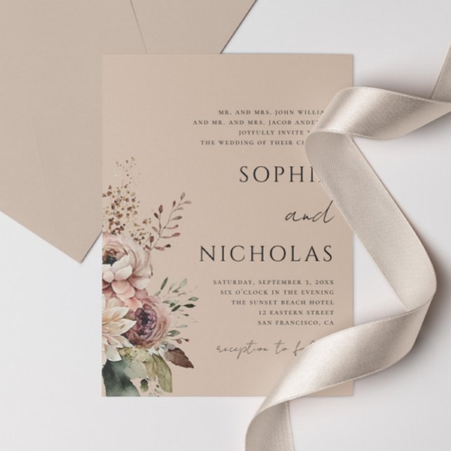 Elegantes Aquarell romantische Hochzeit in Beige Einladung (Von Creator hochgeladen)