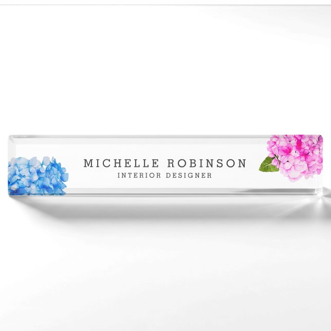 Elegantes Aquarell-Rosa-blaues Blumen Namensplakette (Vorderseite)
