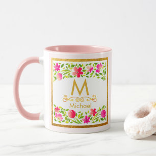 Elegantes Aquarell Rosa Blumen Gold Monogramm Tasse