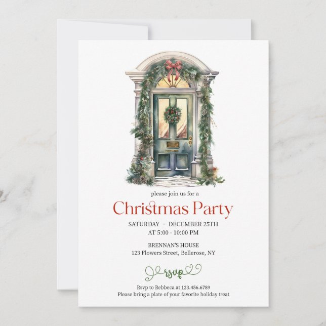 Elegantes Aquarell rustikale grüne Weihnachtsstür Einladung (Vorderseite)