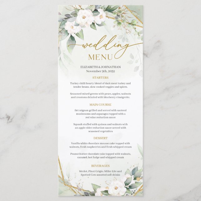 Elegantes Aquarell und Blume Gold Menükarte (Vorderseite)