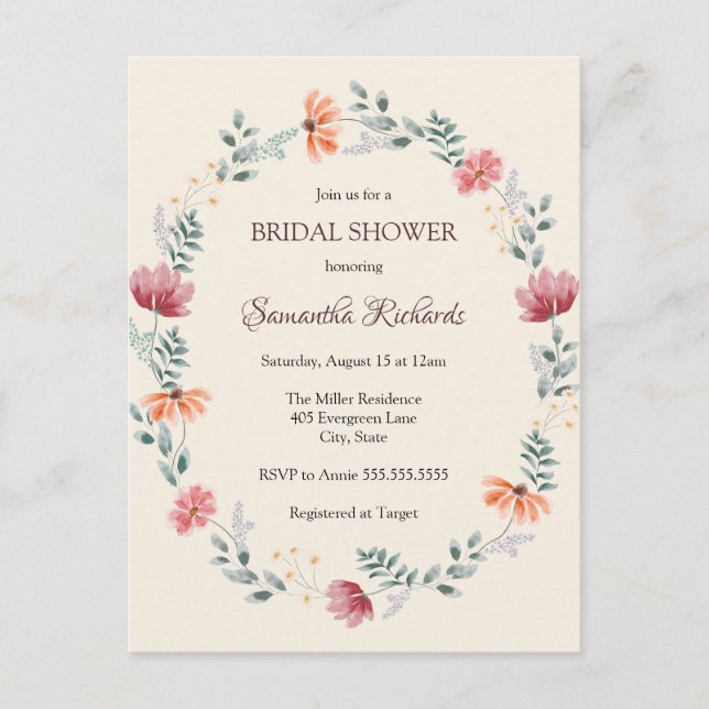 Elegantes Aquarell-Wildblume-Brautparty Postkarte (Vorderseite)