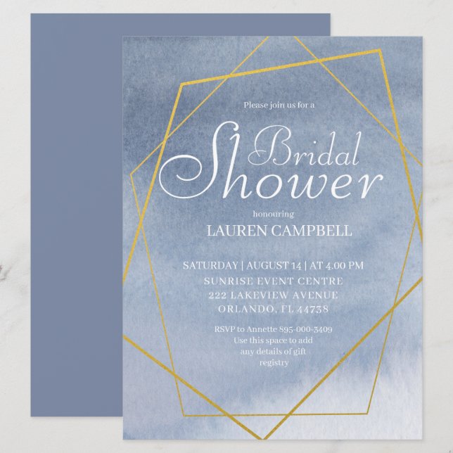 Elegantes Aquarelldusty Blue Gold Geometric Einladung (Vorne/Hinten)
