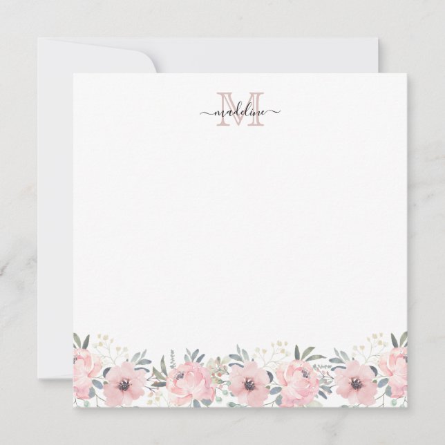 Elegantes Aquarellfarben Blütenrosa Monogramm Mitteilungskarte (Vorderseite)