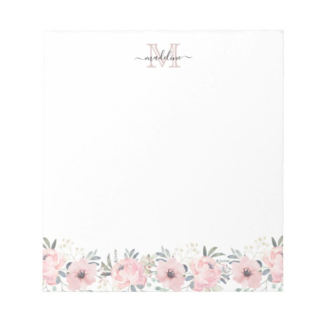 Elegantes Aquarellfarben Blütenrosa Monogramm Notizblock (Vorderseite)