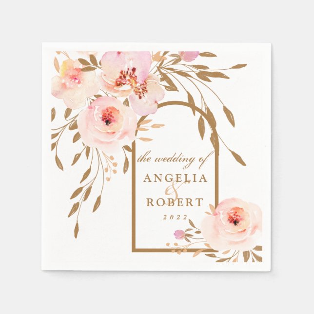 Elegantes Aquarellfarben Rosa braun/Gold Floral Serviette (Vorderseite)