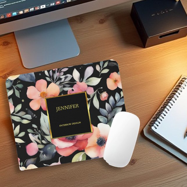 Elegantes Aquarellgold Blume beruflich Mousepad (Elegant watercolor flowers black gold professional mouse pad.)