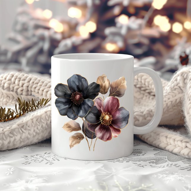 Elegantes Aquarellgold Schwarz-Bordeaux-Blume Kaffeetasse (Von Creator hochgeladen)