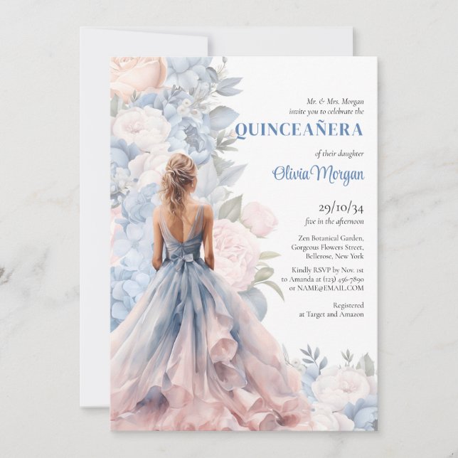 Elegantes Aquarellkleid in Rosa und Blau Einladung (Vorderseite)