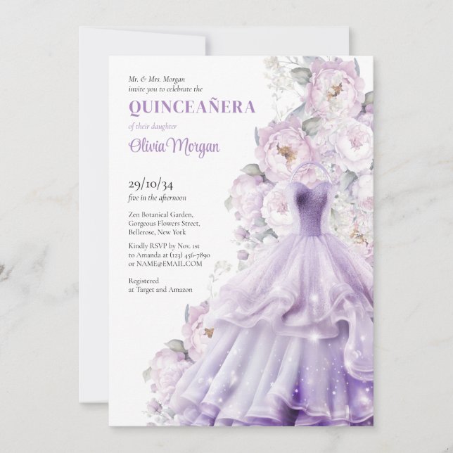 Elegantes Aquarellkleid lila formales Kleid Einladung (Vorderseite)
