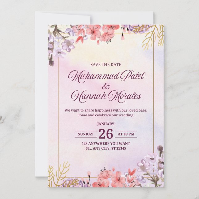 Elegantes Aquarellpinke und Lila Hochzeitsinvit Einladung (Vorderseite)