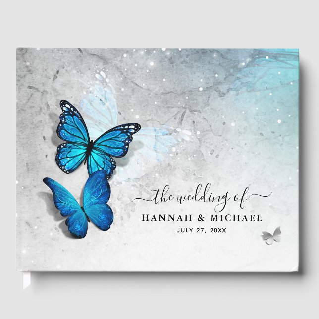 Elegantes Aquarellsilber und Blauer Schmetterling Gästebuch (Vorderseite)