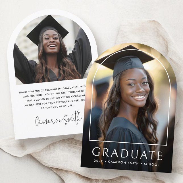 Elegantes arch Abschluss Foto Danke Karte (Elegant arch graduation photo Thank you card)