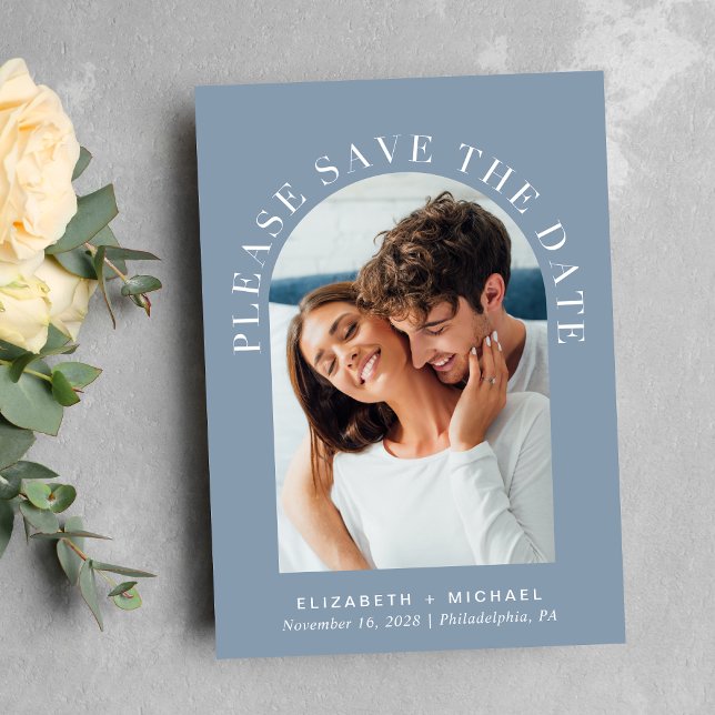 Elegantes Arch Foto Dusty Blue Save The Date (Celebrate your love story with a save the date showcasing your photo in an elegant arch frame)