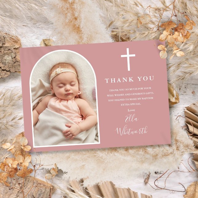 Elegantes Arch Foto Dusty Rose Rosa Taufe Dankeskarte (Elegant Arch Photo Dusty Rose Pink Baptism Thank You Card)