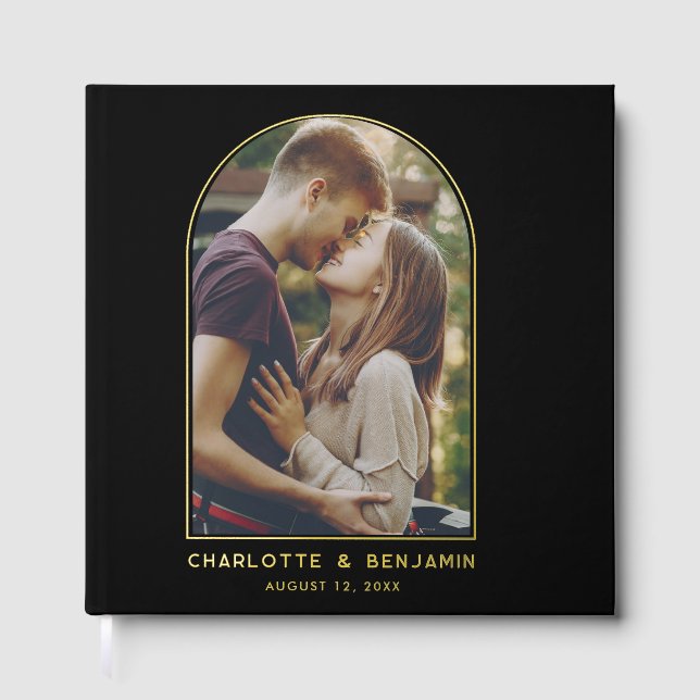 Elegantes Arch Foto Gold Foil Typografy Wedding Gästebuch (Vorderseite)