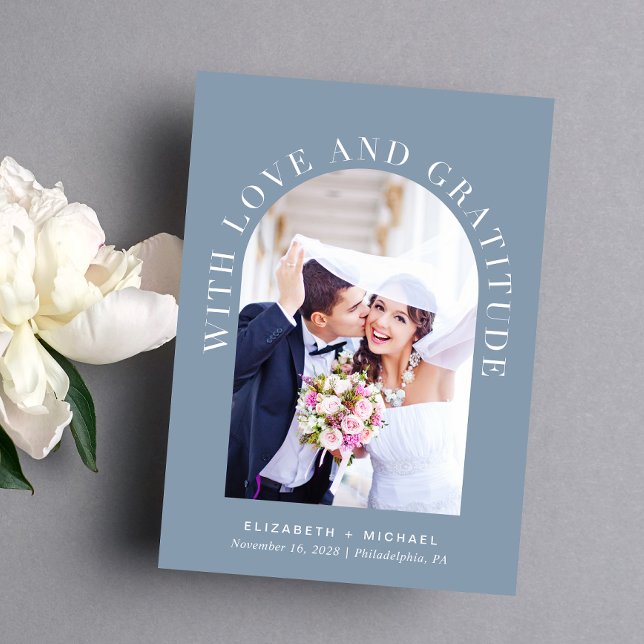 Elegantes Arch Foto Liebe Dankbarkeit Hochzeit Dankeskarte (Celebrate your love story with a thank you card showcasing your photo in an elegant arch frame)