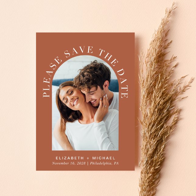 Elegantes Arch Foto QR Code Terracotta Wedding Save The Date (Celebrate your love story with a   save the date showcasing your photo in an elegant arch frame)
