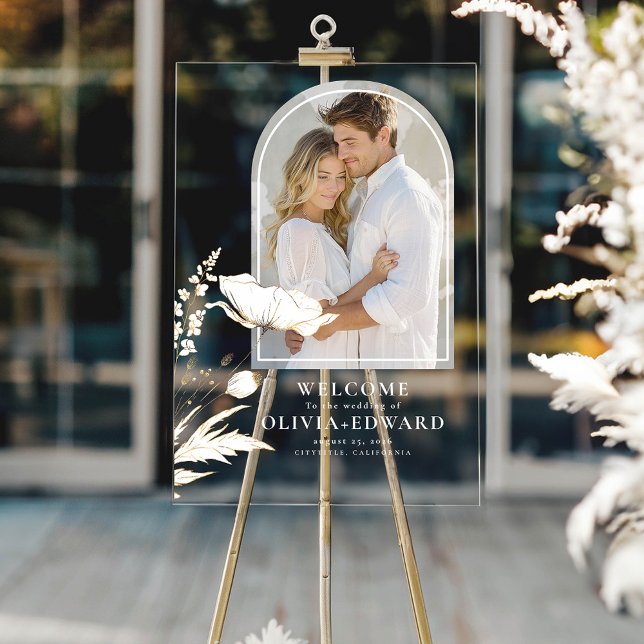 Elegantes Arch Foto und Wildblumen Hochzeit Willko Acrylschild (Wildflowers and Arch Photo Elegant Transparent Wedding Welcome Sign)