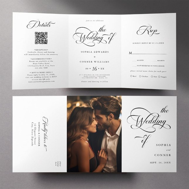 Elegantes Armskript Hochzeit Schwarz-Weiß Dreifach Gefaltete Einladung (Inside & Outside)