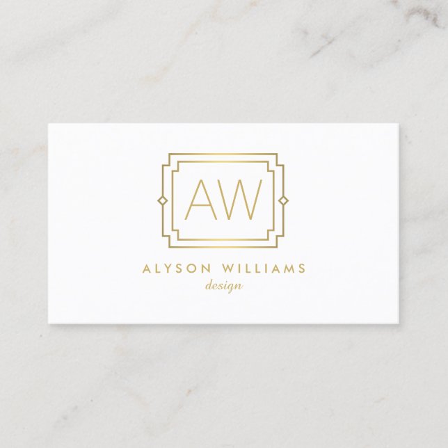 Elegantes Art Déco Beruflich Monogram White/Gold Visitenkarte (Vorderseite)
