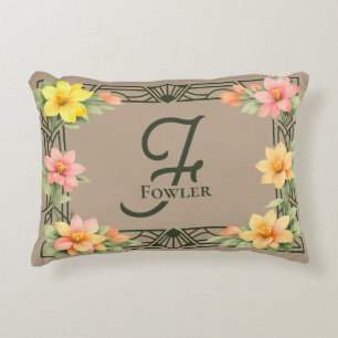 Elegantes Art Deco Florales Monogramm Familienname Dekokissen