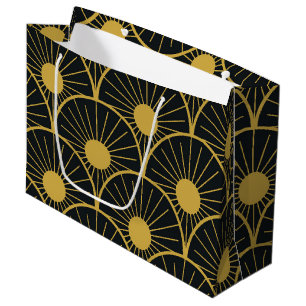 Elegantes Art Deco Gold Sonnenmuster auf Schwarz Große Geschenktüte