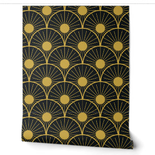 Elegantes Art Deco Gold Sonnenmuster auf Schwarz Tapete