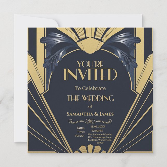 Elegantes Art Déco Hochzeitsdesign - Navy & Gold Einladung (Vorderseite)