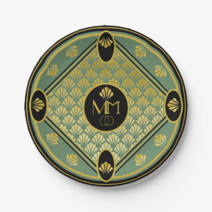Elegantes Art Deco Muster Mongram Wedding Pappteller