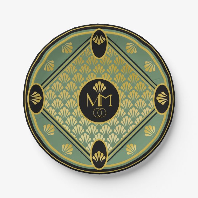 Elegantes Art Deco Muster Mongram Wedding Pappteller (Vorderseite)
