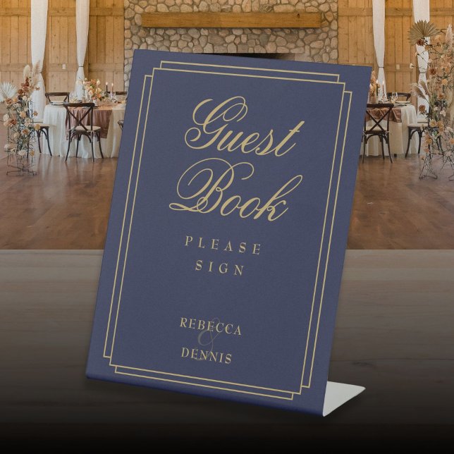 Elegantes Art Deco Navy Blue and Gold Gästebuch Sockelschild (Elegant Art Deco Navy Blue And Gold Guest Book Pedestal Sign)