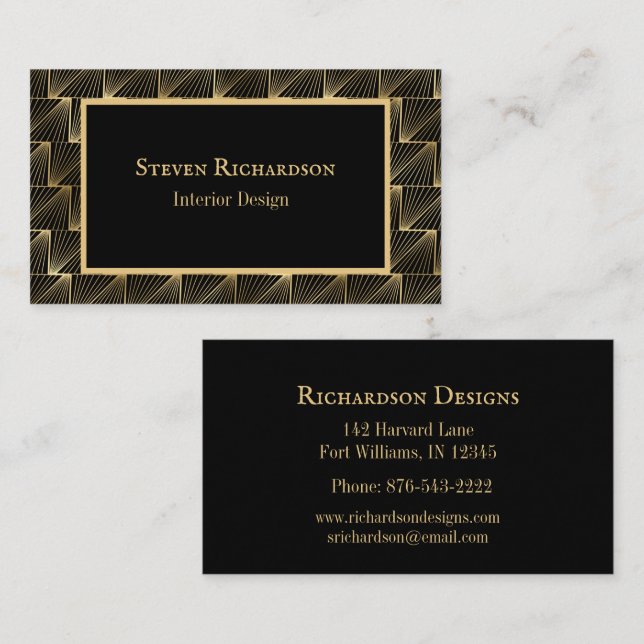 Elegantes Art Deco Schwarz-Gold-Muster Visitenkarte (Vorne/Hinten)