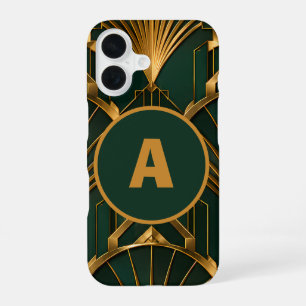 Elegantes Art Deco Smaragdgrün Gold Monogramm iPho iPhone 16 Hülle