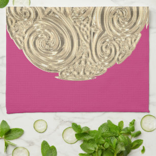 Elegantes Art Nouveau Gold Fuschia Rosa Medaillon Geschirrtuch