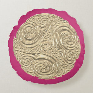 Elegantes Art Nouveau Gold Fuschia Rosa Medaillon Rundes Kissen