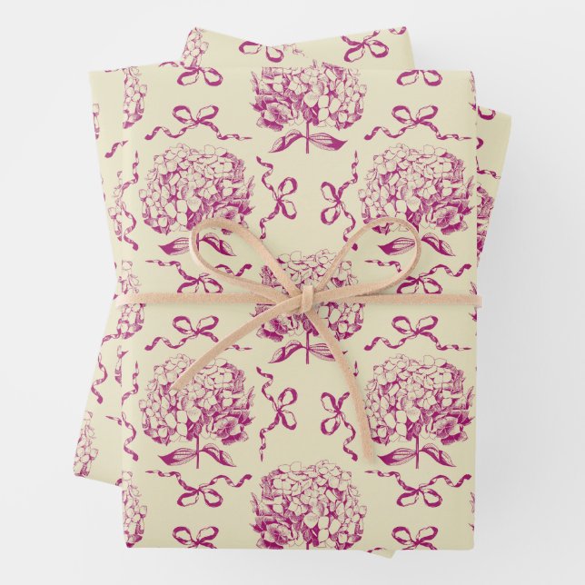 Elegantes ästhetisches Hydrangea Bow Pink Toile Mu Geschenkpapier Set (Beispiel)