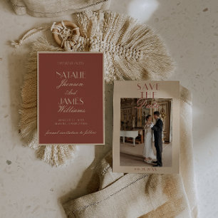 Elegantes Auburn-Creme Old Money Foto Hochzeit Save The Date