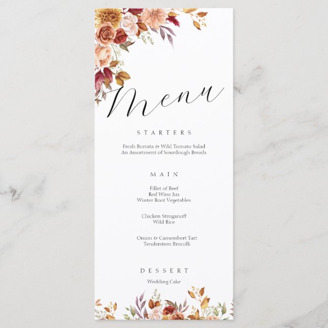 Elegantes autotanisches Hochzeitsmenü Menükarte (Vorderseite)