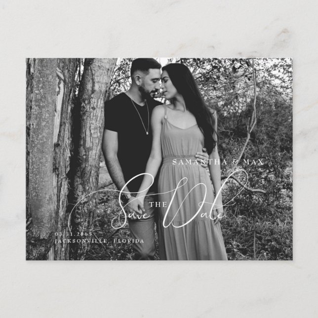 Elegantes B/W Couple Foto Save the Date Postkarte (Vorderseite)