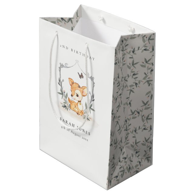 Elegantes Baby Deer Blumengebirge Wappen jeden Geb Mittlere Geschenktüte (Rückseite Schrägansicht)