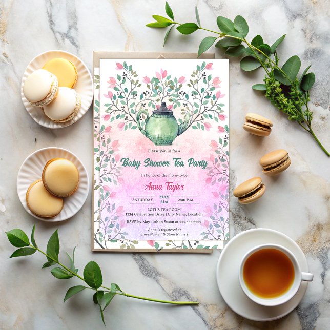 Elegantes Baby Dusche Tee Party Teapot Flora Einladung (Elegant baby shower tea party invitation with a teapot and floral design elements front and back.)