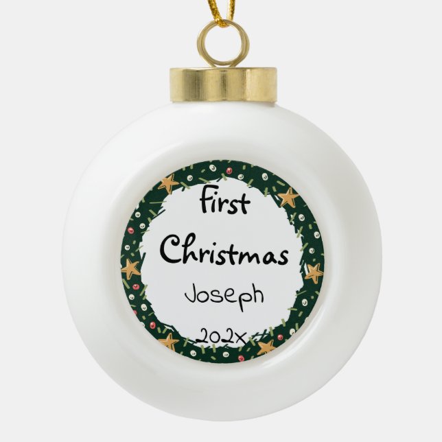Elegantes Baby First Weihnachten anpassen Keramik Kugel-Ornament (Vorderseite)