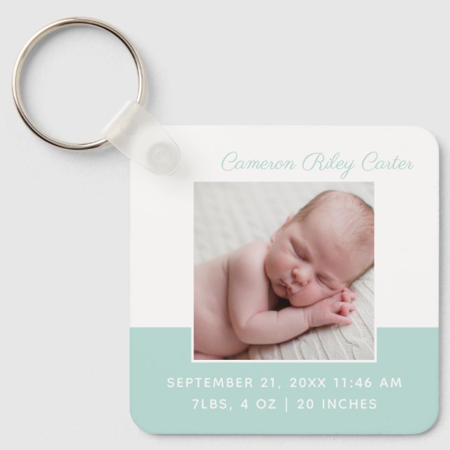 Elegantes Baby Foto Aquamarin Keepake Geschenk Schlüsselanhänger (Vorderseite)