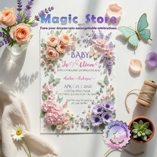 Elegantes Baby in Blüten Florale Schmetterlinge Pa Einladung