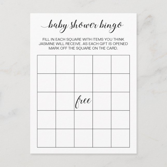 Elegantes Baby Shower Bingo Card Game Postkarte (Vorderseite)