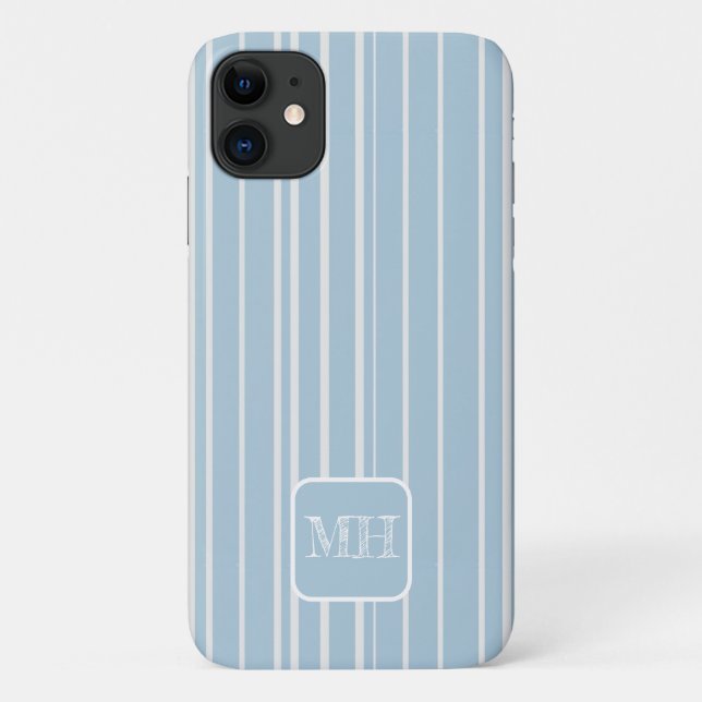 Elegantes Babyblau gestreift mit Monogramm Case-Mate iPhone Hülle (Rückseite)