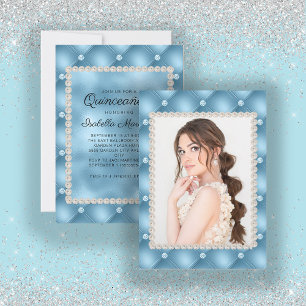Elegantes Babyblaues Quinceañera-Foto mit Perlen u Einladung